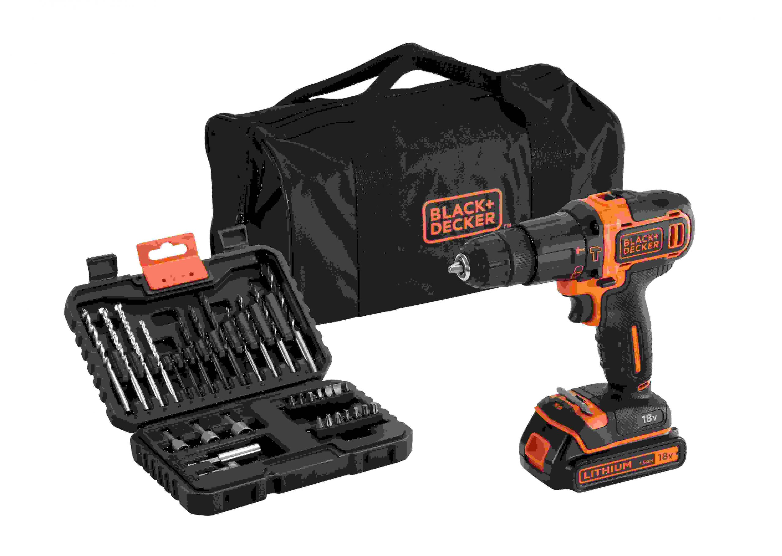 AKU UDARNI VRTALNIK 18 V 1,5 Ah S PRIBOROM32 DELNI SET + STORAGE BAG Black & Decker BDCHD18S32